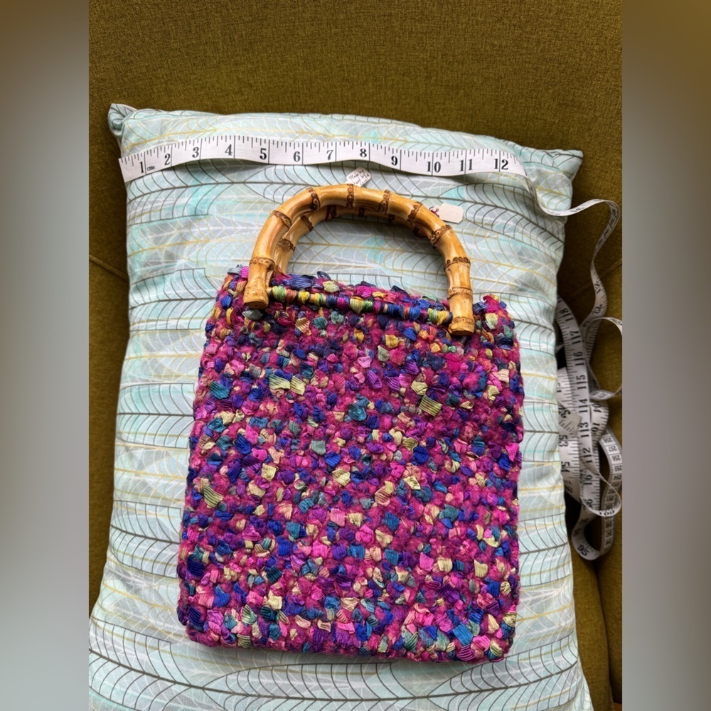 Handcrafted Multicolor felted wool and ribbon Satchel with Wooden Handle